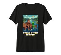 Bigfoot Alien Campfire Appuyez sur Start to Camp Funny Retro T-Shirt Haut de Gamme