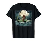 Bigfoot chevauchant Le Monstre du Loch Ness au Clair de Lune sur Le lac Cryptid T-Shirt