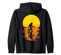 Bigfoot Sunset Fishing Sasquatch Silhouette Lac Aventure Sweat à Capuche