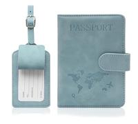 BIgGouannie Lot de 2 étuis de passeport et étiquettes de bagage en cuir synthétique avec blocage RFID pour homme et femme, peut contenir passeports, cartes d'embarquement et cartes de crédit, bleu, M