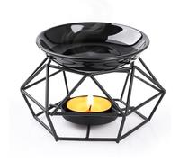 Bighan Brûleur D'Huiles Essentielles en MéTal, Diffuseur De BrûLeur de Cire, Bougeoir Chauffe-Plat, Diffuseur D'ArôMe, DéCoration de Chambre à Coucher, Rhombique Noir + Bol Noir