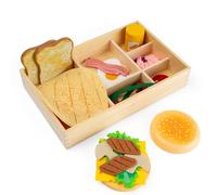 Bigjigs Toys Montessori - Ensemble d'épicerie en bois | Ensemble de cuisine pour enfants | Kit de jeu de rôle Montessori pour tout-petits | 30 pièces de nourriture en bois et en feutre | Ensembles