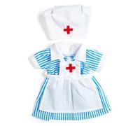 Bigjigs Toys Uniforme d'infirmière - Taille S | Vêtements de poupée | Vêtements pour petites poupées de chiffon | Costume médical pour peluche | Robe ragdoll rayée bleue et blanche | Cadeaux de jeu de