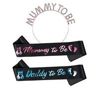 BIGKASI 3Pcs Baby Shower Écharpe, Mom to Be Écharpe, Dad to Be Écharpe, Mummy to be Accessoires avec Couronne Satin pour Fête Prénatale Baptême Bébé