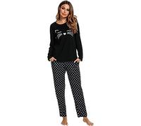 BigKing Pyjama À Motifs De Chat À Manches Longues, Femmes Vêtements De Maison De Pyjama Mignon À Pois Chat pour Les Voyages De Loisirs À La Maison (XXL, Noir)