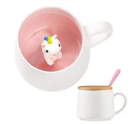 BigNoseDeer Cadeau licorne : jolie tasse en céramique 3D avec couvercle cuillère pour filles et femmes - Tasse à café fantaisie pour chocolat, thé ou lait - Cadeau d'anniversaire personnalisé pour