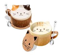 BigNoseDeer Lot de 2 Tasses à Café en Forme de Chat Kawaii Avec Couvercles Cadeaux D'anniversaire pour Femme Tasse à thé en Céramique Cadeau de Noël et D'anniversaire pour une amie femme fille