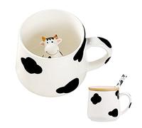 BigNoseDeer Tasse à café en céramique en forme de vache mignonne avec couvercle cuillère - Cadeau de Noël ou d'anniversaire pour petite amie, petit ami, femme, fille (vache)