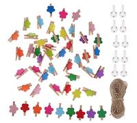 Bigood 50pcs 3.0cm Multicolore Fleur Mini Clips en Bois Pinces À Linge pour Photo Vêtement Papier DIY Craft avec 10m Cordon 10pcs Ongles sans Trace