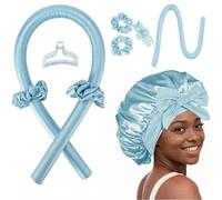 Bigoudi sans chaleur, boucles sans chaleur pendant la nuit, ensemble de tiges à friser sans chaleur avec bonnet en satin pour dormir (bleu)