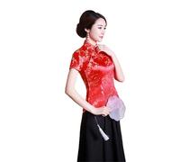 Bigougem Cheongsam Chinois Manches Courtes Col Montant Imprimé Dragon Phoenix Chemisier Ethnique Blouse Top pour Fête Été, Rouge, M