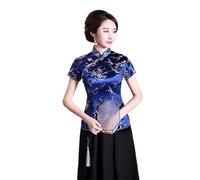 Bigougem Cheongsam Chinois Manches Courtes Col Montant Imprimé Dragon Phoenix Chemisier Ethnique Blouse Top pour Fête Été, bleu marine, M