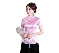 Bigougem Cheongsam Chinois Manches Courtes Col Montant Imprimé Dragon Phoenix Chemisier Ethnique Blouse Top pour Fête Été, rose, L