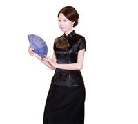 Bigougem Cheongsam Chinois Manches Courtes Col Montant Imprimé Dragon Phoenix Chemisier Ethnique Blouse Top pour Fête Été, Noir , XXXL