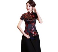 Bigougem Cheongsam Chinois Manches Courtes Col Montant Imprimé Dragon Phoenix Chemisier Ethnique Chemise Top pour Fête Été Noir Rouge S