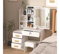 Bigougem Coiffeuse avec Miroir LED et Tabouret - Coiffeuse Moderne 6 Étagères et 4 Tiroirs, Miroir Lumineux à 3 Couleurs, Chaise Rembourrée pour Chambre ou Dressing - Moderne Meuble Couffeuse