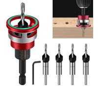 BIGP Jeu de 6 Forets à Chanfreiner avec Butée de Profondeur Réglable - Fraise pour Bois - Tige Hexagonale 1/4″ HSS-M2 - Pour Alésage Précis (Rouge)