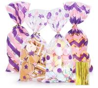 Bigqin 100 pièces Sachet Plastique Transparent Rose-Mauve, 4 modèles Sachet Bonbons Sachets Transparents pour Biscuits Pochette avec Cravates Torsadées pour Les, 27 x 12,5 cm
