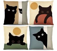 Bigqin 4 Pcs Housse de Coussin, Housse de Canapé en Lin à Motif Chat, Taies d'oreiller pour Les Amoureux des Chats, Décorations Festives pour Canapé, Salon, Chambre - 45 x 45 cm