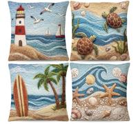 Bigqin Lot de 4 Housse de Coussins L'été à la Plage - Bleu océan - Peluche Douce à Motifs Étoiles de mer, Coquillages, cocotiers, phares et mouettes - Déco Chaud pour Canapé, Salon - 45 x 45 cm