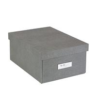 Bigso Box of Sweden KARIN Petite boîte de rangement avec couvercle - Organiseur solide en panneaux de fibres et papier aspect lin - Boîte pliante pratique avec cadre pour étiquette - Gris