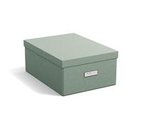 Bigso Box of Sweden KATIA Boîte de rangement de taille moyenne avec couvercle - Organiseur robuste en panneau de fibres et papier aspect lin - Boîte pliante pratique avec cadre pour étiquette - Vert