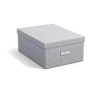 Bigso Box of Sweden KATIA Boîte de rangement de taille moyenne avec couvercle - Organiseur robuste en panneau de fibres et papier aspect lin - Boîte pliante pratique avec cadre pour étiquette - Gris