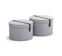 Bigso Box of Sweden RUT Lot de 2 boîtes de rangement avec couvercle - Boîte de rangement ronde avec lanières en cuir - Grandes et petites boîtes à chapeaux en panneau de fibres et papier aspect lin -