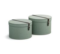 Bigso Box of Sweden RUT Lot de 2 boîtes de rangement avec couvercle - Boîte de rangement ronde avec lanières en cuir - Grandes et petites boîtes à chapeaux en panneau de fibres et papier aspect lin -