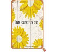 BIGYAK Here Comes The Sun 20 x 30 cm - Look vintage - Décoration murale en étain pour maison, cuisine, salle de bain, ferme, jardin, garage - Citations inspirantes