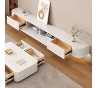 BIGYOUZI Bois Massif Meuble TV Suspendu Flottant avec Rangement Amélioré avec Lum LED-Blanc-220CM