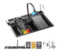 BIGYOUZI Évier Cuisine 1 Bac SUS304 Évier de cuisine en acier inoxydable Noir Pour laver les légumes et la vaisselle avec Jeu complet d'accessoires robinet à tirette cascade (Noir, 75 * 46 * 22CM)