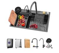 BIGYOUZI Évier Cuisine 1 Bac SUS304 Évier de cuisine en acier inoxydable Noir Pour laver les légumes et la vaisselle avec Jeu complet d'accessoires robinet à tirette cascade (Noir, 75x45x23CM)