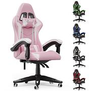 bigzzia Chaise Bureau Chaise Gaming Ergonomique en PU Cuir, Hauteur Réglable, avec Coussin Lombaire et Appui-Tête, Fauteuil Gamer Confortable pour Adultes, Filles et Garçons (Blanc et Rose)