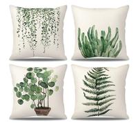 BIHEE Housse de Coussin 40x40 cm Lot de 4 Taie d'oreille en Lin Feuilles Vertes Décoratives Housse de Coussin pour Canapé Chambre Jardin Extérieur
