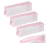Biiange Trousse à crayons en maille avec fermeture éclair - Multifonctionnelle - Transparent - Pour bureau, travail, voyage, adultes (3 pièces) - Rose