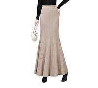 BiilyLi Femme Hiver Élégant Tricotée Longue Sirène Jupe Haute Taille Maxi Skirt Plissée Jupe Apricot M(Taille élastique :73cm)