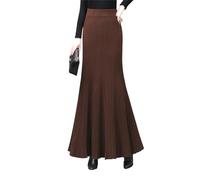 BiilyLi Femme Hiver Élégant Tricotée Longue Sirène Jupe Haute Taille Maxi Skirt Plissée Jupe Brown XS(Taille élastique :62cm)