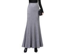 BiilyLi Femme Hiver Élégant Tricotée Longue Sirène Jupe Haute Taille Maxi Skirt Plissée Jupe Gray S(Taille élastique :66cm)