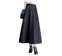 BiilyLi Femmes Vintage Élégant Longue Jupe en Laine Haute Taille Automne Hiver Mode Chaude Couleur Unie Taille élastique Maxi Jupes (XL (Taille: 76 cm), Noir)