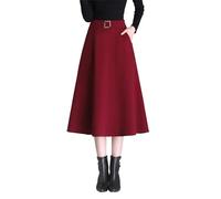BiilyLi Jupe Longue Femme Hiver Élégant Haute Taille Laine Midi Jupe A-Line Taille élastique Skirt Vin Rouge M