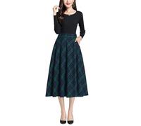 BiilyLi Jupe Longue Femme Hiver Élégant Laine Carreaux Haute Taille A-Ligne Midi Jupes Casual Skirt Vert -M(Taille élastique: 73 cm)