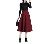 BiilyLi Jupe Longue Femme Hiver Élégant Laine Carreaux Haute Taille A-Ligne Midi Jupes Casual Skirt Vin Rouge -XXL(Taille élastique: 88 cm)