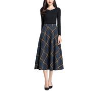 BiilyLi Jupe Longue Femme Hiver Élégant Laine Carreaux Haute Taille A-Ligne Midi Jupes Casual Skirt Bleu foncé -S(Taille élastique: 66 cm)