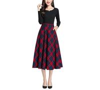 BiilyLi Jupe Longue Femme Hiver Élégant Laine Carreaux Haute Taille A-Ligne Midi Jupes Casual Skirt Rouge -M(Taille élastique: 73 cm)