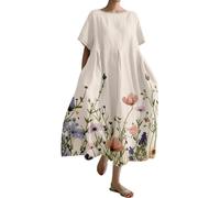 BIISDOST Robe d'art japonaise vintage pour femme 2024 imprimé floral bohème surdimensionné col rond en lin robe d'été décontractée robes femmes, beige, 3XL