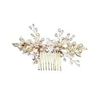 Bijou Cheveux Mariage 2pc Bridal Wedding Pearl Flower Hairpin Side Comb Golden Leaf Shaped Tiaras Insert Jewelry Hair Bride Headwear(Gold 3)