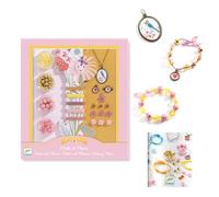 DJECO Bijoux à Créer Perles et Fleurs - 8 à 14 ans - Coffret Pour Créer des Bijoux Colorés de Perles et Petits Accessoires - 4 Boîtes de Perles, Fils Elastiques, Rubans Colorés, 10 charms et 1 Notice