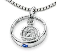 Bijoux CLEVER de baptême d'enfant - Composée d'une bague, d'une médaille ronde de 12 mm en argent 925 avec saphir et d'une chaîne Venezia de 36 cm - Avec motif ange - Dans un étui