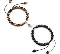 Bijoux de charme Bracelet de pierres précieuses, 2 Pcs Couple Braclelet Naturel Noir Mat Oeil de Tigre Pierre Coeur Pendentif Bracelets Bracelets Tressés Réglables Bijoux en Cristal de Mode for Hommes